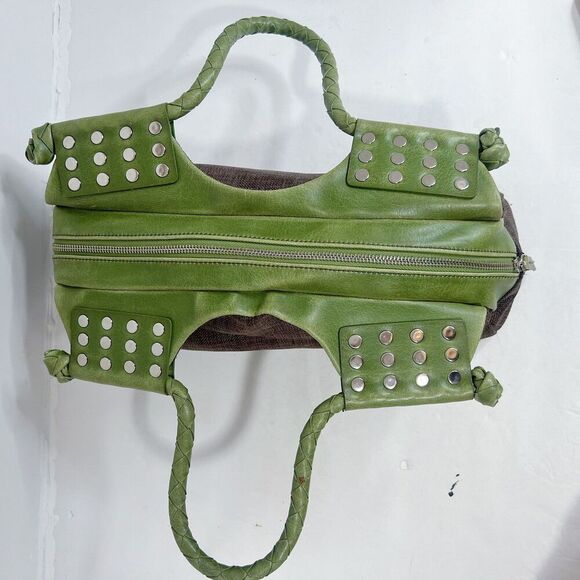 Matt & Natt Anthropologie Green Faux Leather Brown Studded Handbag Studded - Picture 4 of 13